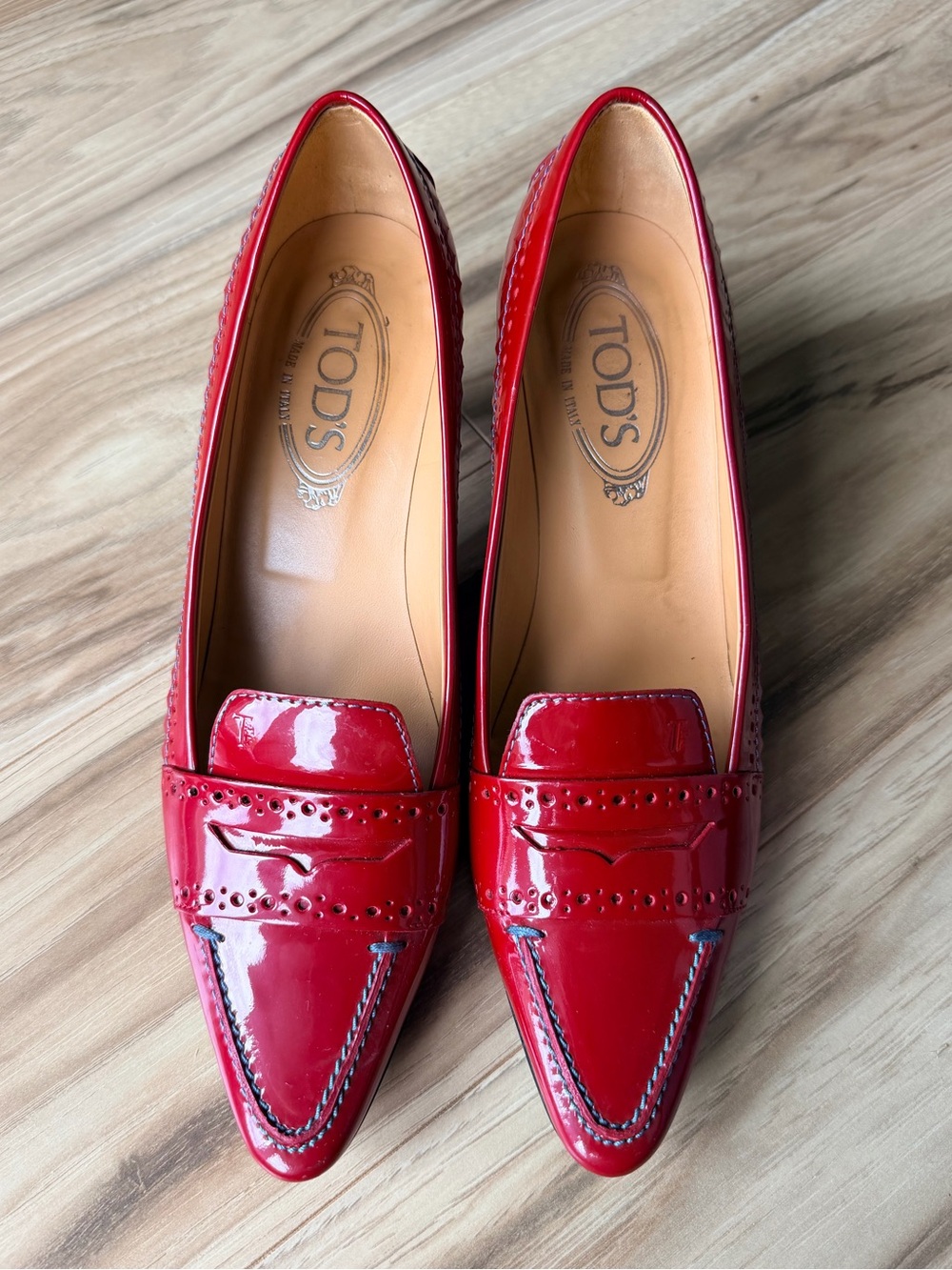 Tod's Red Patent Leather Pointed Penny Loafers w/ Kitten Heal S- 38 1/2 - 8 1/2 - Picture 2 of 11